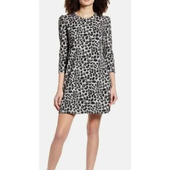 Socialite Leopard Print Sweater Dress 3/4 Sleeve Mini Gray Black Large - Picture 1 of 6